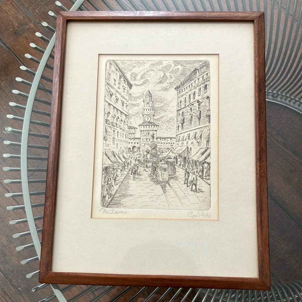 Vintage MCM framed signed etching street scene Milan Sforza Castle clock tower